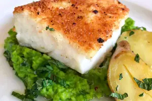 Baked Cod Loin with Mushy Peas